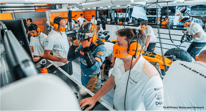 McLaren F1 garage during a Friday practice session