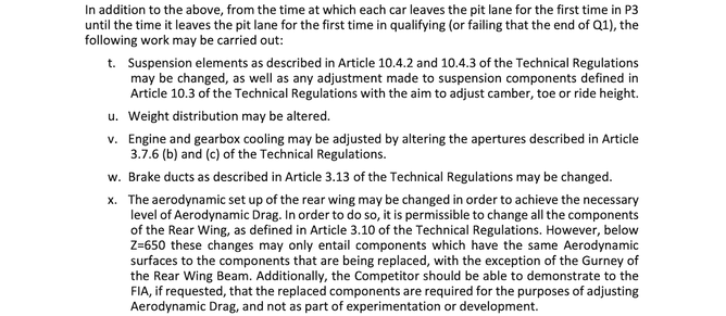 Sporting regulation 5.4 specifies the items that can be adjusted during FP3