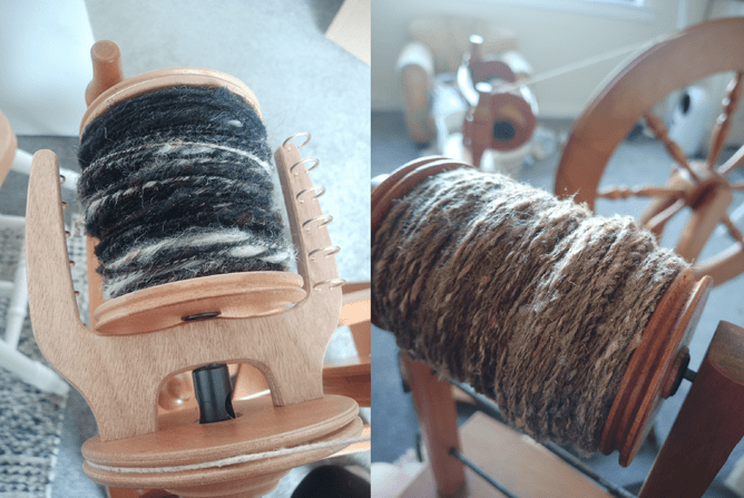 bobbins of wool, handspun by Suzie.  Left - a coarse fibre from a Herdwick cross Swaledale sheep.  Right - a fine, soft fleece from a Shetland fleece