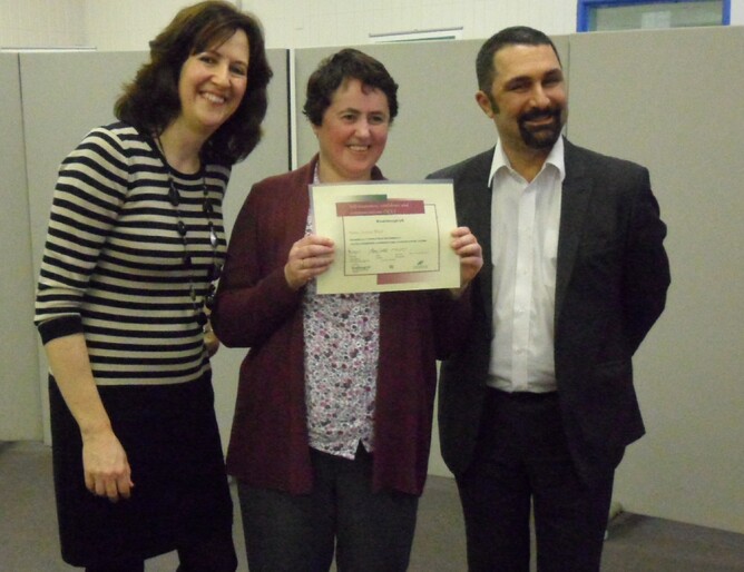 Joanne with her certificate from the Breakthrough UK course - with Jane Cordell and Hormoz Ahmadzadeh